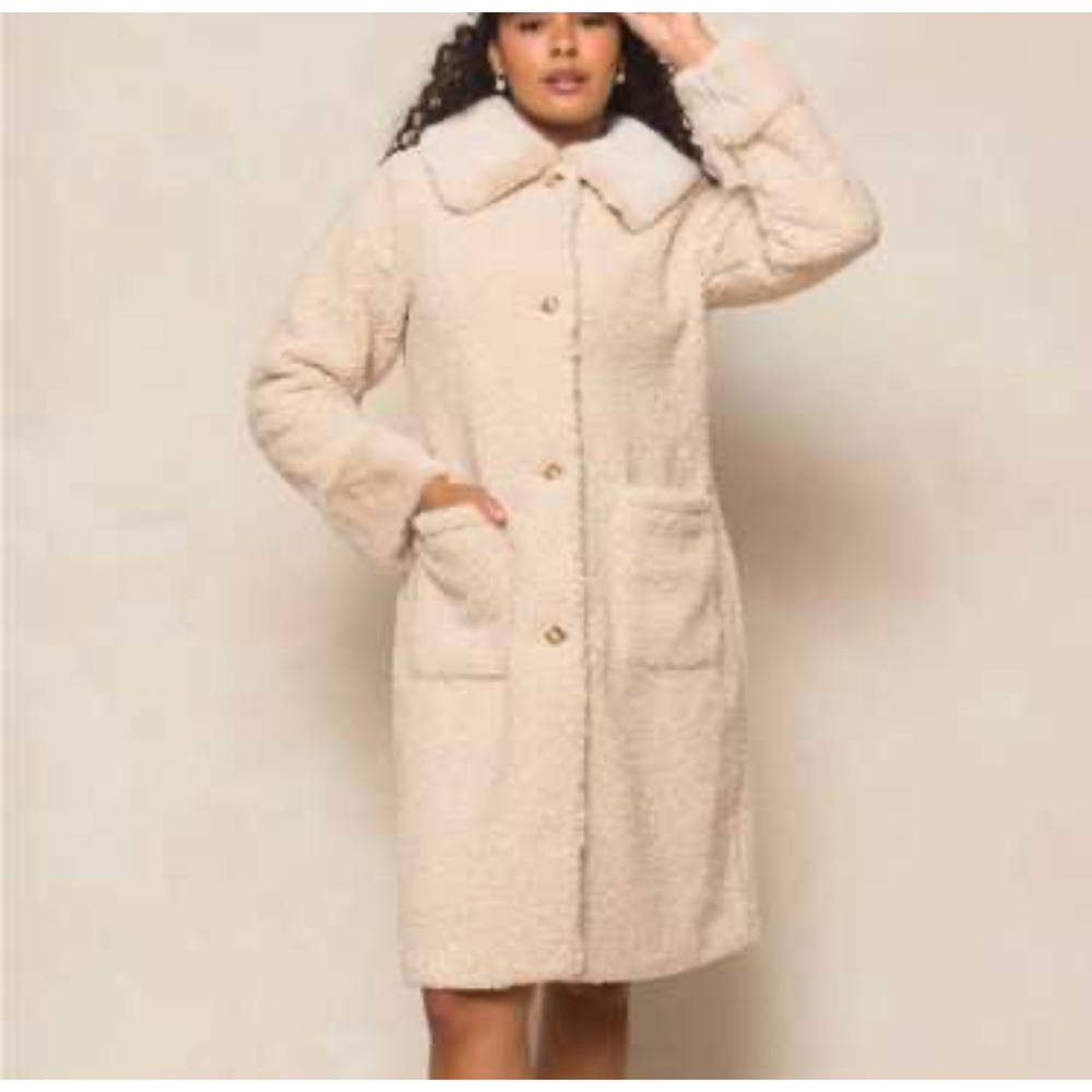 Ivy City Co Womens Mid Length Teddy Bear Coat 1X Beige Pockets Button Up